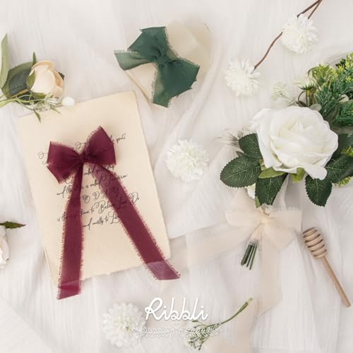 Ribbli Burgundy Ribbon 1 Inch x 3 Rolls Total 24 Yards Handmade Fringe Chiffon Silk Ribbon for Wrapping Wedding Invitations Bridal Bouquets DIY Crafts Home Decor - color: Burgundy