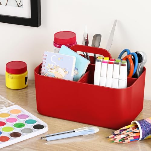 Multiuse Caddy Organizer with Handle, Portable Divided Plastic Tote Bin - Art Craft, Stationary Pen Marker Crayons, Makeup Hair Supplies Storage - Bathroom, Classroom, Dorm, Office, Desk Holder - Red - color: Red