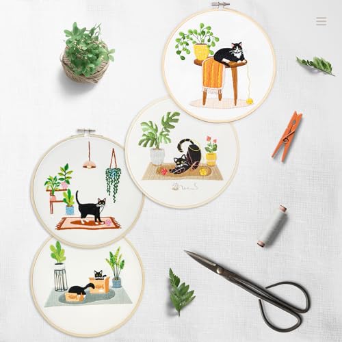 Bonroy 4 Sets Embroidery Set for Beginners, Art Craft, Easy Sewing, Includes Embroidery Clothing, Pattern, Embroidery Hoop, Instruction Manual, Colorful Thread Stitch Set (Cat) - color: Cat