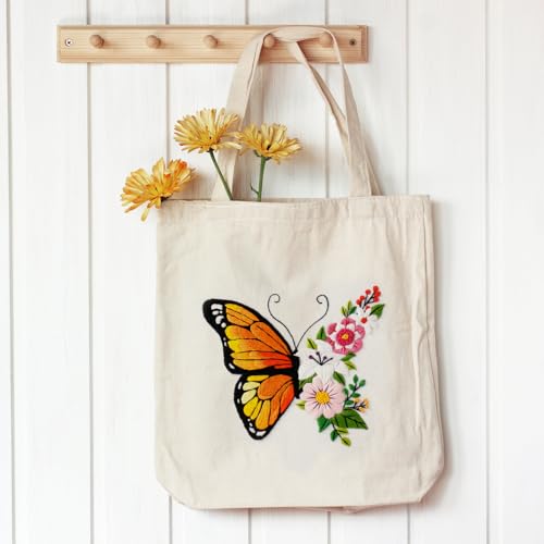 Louise Maelys Embroidery Kit Canvas Tote Bag for Beginners with Butterfly - color: butterfly flower