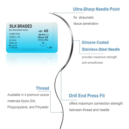 Suture Practice Kit with 240g Silicone Training Pad, Reusable Stitching Practice Set with Training Tools, 14 Practice Patterns, Educational Simulation Use Only - style: 5 packs of sutures