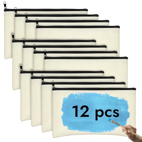 12 Pack Blank Canvas Pencil Pouches Bulk, Sublimation Zipper Bags for DIY