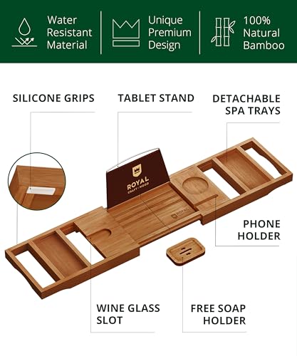 Trending Now Wood Bath Tray – Bathtub Tray for Tub, Expandable Bamboo Bath Tray & Bathtub Caddy with Book Holder, Wine Glass Holder, Phone & Tablet Stand, Spa Bath Accessories, Birthday Gifts for Mom - color: Brown