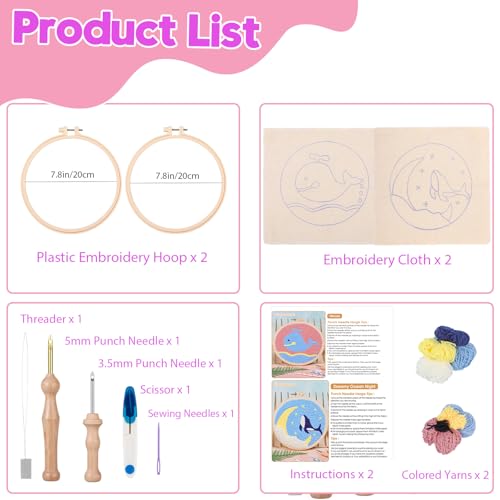 Cheloment 2 Sets Punch Needle Kits with 5mm/3.5mm Punch Needle,Fabric,Threader, Yarns and Hoops Embroidery Starter Kit for Adults Beginner, Perfect for DIY Craft and Decoration (Dolphin&Whale) - size: Dolphin & Whale