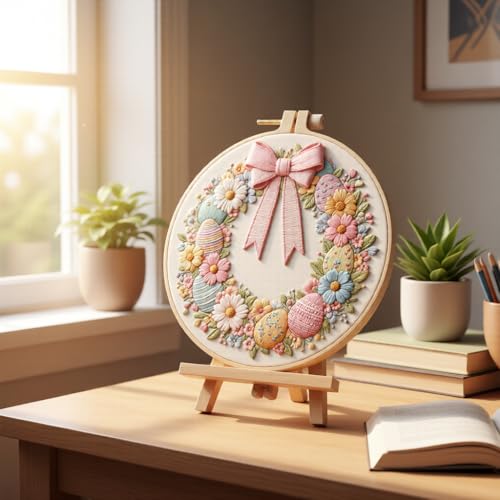 JJFox Embroidery Kit for Beginners and Adults, DIY Hand Embroidery Starter Kit with Cute Pattern, Cross Stitch Needlepoint Set with Hoop, Threads and Instructions (Easter Wreath) - color: Easter wreath