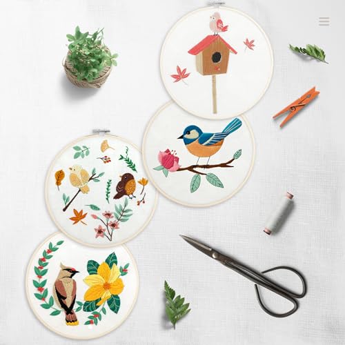 Bonroy 4 Sets Embroidery Set for Beginners, Art Craft, Easy Sewing, Includes Embroidery Clothing, Pattern, Embroidery Hoop, Instruction Manual, Colorful Thread Needles Set (6 Pieces) - color: Bird