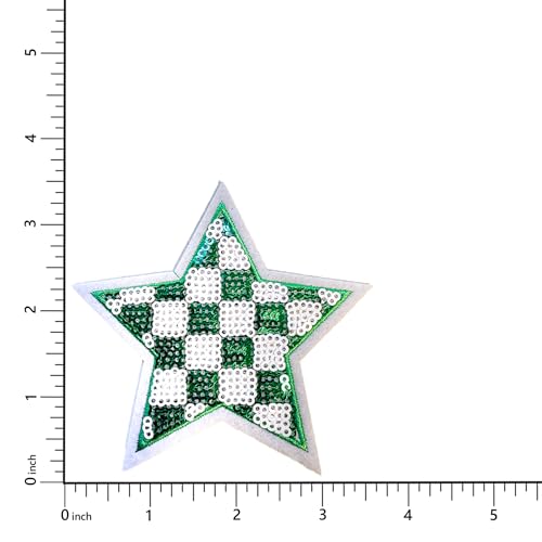 Green Checkered Sequin Star Patch, 3.75" x 3.75”, 2-Pack, Embroidered Iron-On for Hats, Bags, Jackets - color: Checkered Sequin Star - Green
