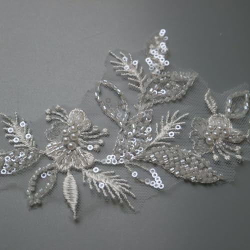 2yard lace Trim Ivory Sequins Beaded Flower Embroidery Appliques - color: SPXB-P3403A-2yR18