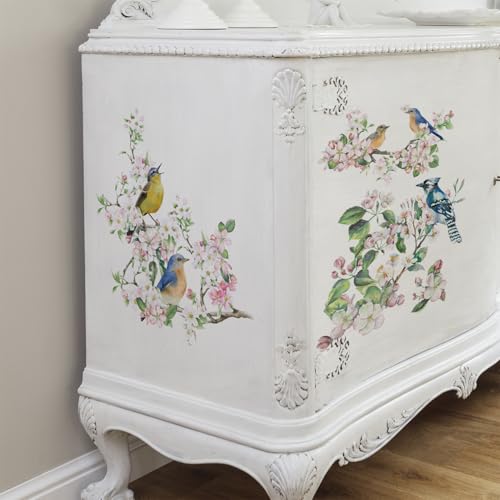 Floral Rub on Transfer for Furniture Vintage Large Flower UV DTF Transfer Sticker for Wood Glass Home Decor, Apple Blossom and Bird - style: Apple Blossom and Bird