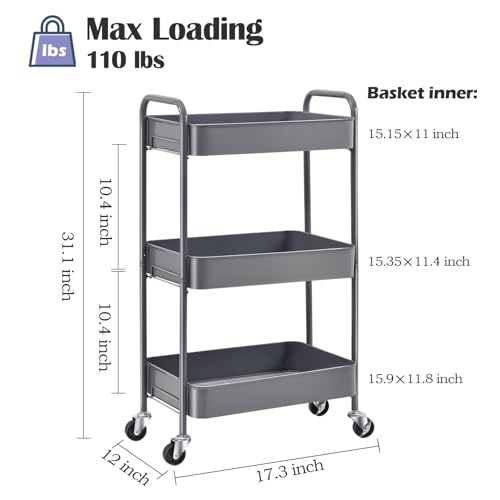TOOLF 3 Tier Metal Rolling Cart, Utility Storage Cart with Wheels, Grey - color: Grey, size: 3-Tier