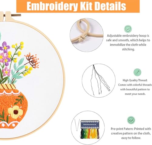 GLTAYLMY 3pcs Embroidery Starter Kit with Vase Pattern, Stamped Cross Stitch Kits for Beginners Adults with Embroidery Hoop and Instructions, Hand Embroidery Kit - color: Floral456