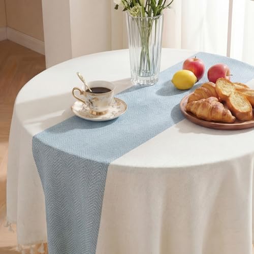 Softalker Outdoor Linen Round Tablecloth with Tassel, 55 x 55 Inch - color: Blue Stripe, size: 55" (Round)