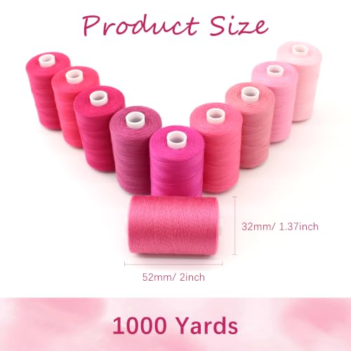 Sewing Thread 10 Color Sewing Industrial Purpose 1000 Yards Per Spool 40S/2 Polyester for DIY Sewing Machine,Embroidery Machine,Hand Sewing (Rose Red) - color: Rose Red