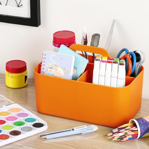 Multiuse Caddy Organizer with Handle, Portable Divided Plastic Tote Bin - Art Craft, Stationary Pen Marker Crayon, Makeup Hair Supplies Storage - Bathroom, Classroom, Dorm, Office, Desk Holder -Orange - color: Orange