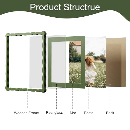 12x12 Picture Frame with Mat for 10x10, Wavy Edge Wooden Real Glass Photo Frame for Wall Hanging, Green, 1 Pack - color: Green, size: 12x12 in