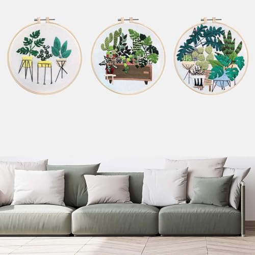 Allazone 3 Sets Embroidery Kit for Beginners, Stitch Practice Kits for Craft Lover Hand Stitch with Embroidery Fabric with Stamped Pattern, Starter Stitch Kits Suitable for Adults (Plate Planting) - color: Plate planting