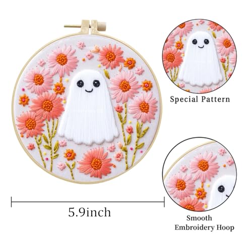 LB Pink Halloween Embroidery Kit for Beginners Adults, 3 Sets Hand Embroidery Starter Kit with Ghost Pattern and Instructions Stamped Cross Stitch Kits Include Embroidery Hoop Needles Threads Scissors - color: Pink White