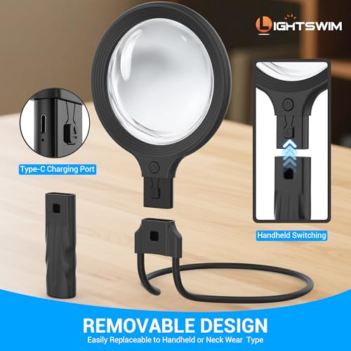 Neck Wear Magnifying Glass with Light for Close Work, 5.5 Inch 5X Handheld Lighted Magnifier for Reading Books, Included 2PCS Upgrade 10X Small Magnify Glasses with Protective Sheath