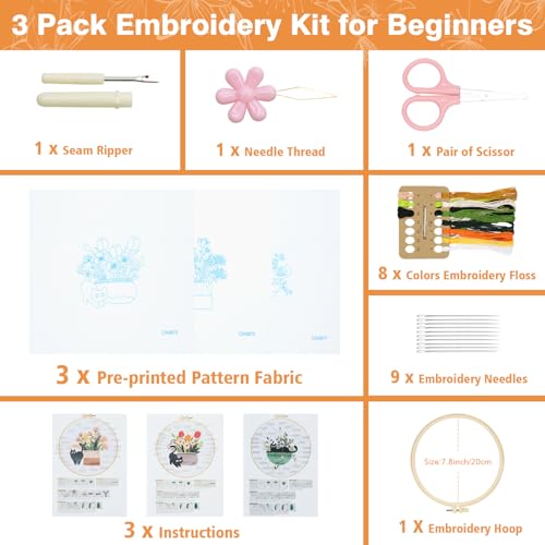 Embroidery Kit for Beginners, Adult Stamped Kits with Cat Floral Patterns
