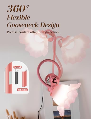 Flower Clip On Desk Lamp for Home and Dorm - Cute Floral Clip On Bedside Book Reading Light, Pink Flower Bunk Bed Lighting, Kawaii Led Flexible Gooseneck Table Lamp for Headboard with Clamp - color: Pink