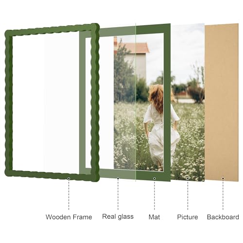 12x16 Picture Frame with Mat for 11x14, Wavy Edge Wooden Real Glass Photo Frame for Wall Hanging, Green, 1 Pack - color: Green, size: 12x16 in