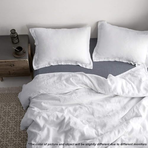Simple&Opulence 100% Linen Duvet Cover Set with Embroidery Border Washed - 3 Pieces (1 Duvet Cover with 2 Pillow Shams) with Button Closure Soft Breathable Farmhouse - White, Full Size - color: White, size: Full