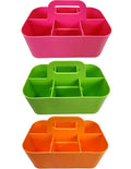 3 Pack Small 6 Compartment Multiuse Caddy Organizer with Handle Art Craft Supplies, Office, Desk, Stationery Pen Holder Stackable- Made In USA (Orange/Green/Pink) - color: Orange / Green / Pink