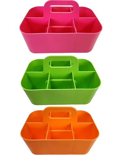3 Pack Small 6 Compartment Multiuse Caddy Organizer with Handle Art Craft Supplies, Office, Desk, Stationery Pen Holder Stackable- Made In USA (Orange/Green/Pink) - color: Orange / Green / Pink