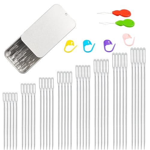40/80PCS Large Eye Sewing Needles - 8 Sizes Hand Sewing Sharp, Embroidery, Leather, Stainless Steel Yarn With Threaders & Stitch Markers (Silver 80pcs) - color: Silver 80pcs