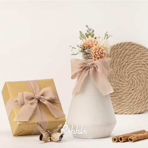 Ribbli Beige Ribbon 1 Inch x 3 Rolls Total 24 Yards Natural Handmade Fringe Chiffon Silk Ribbon for Wrapping Wedding Invitations Bridal Bouquets DIY Crafts Home Decor - color: Beige