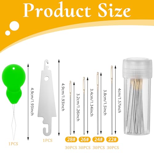 120 Pieces Cross Stitch Needles 22 & 24 & 26 & 28 Gauge Golden Stainless Steel Large Eye Needle Embroidery Hand Sewing Needles in Clear Box with 2 Needle Threader