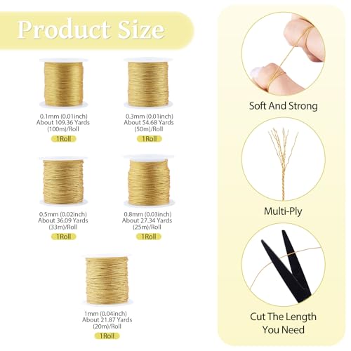 Craftdady 5 Rolls Metallic Thread Gold Color Cords String Non Stretch Embroidery Sewing Cords 5 Sizes 0.1, 0.3, 0.5, 0.8, 1 mm for Embroidery and Decorative Sewing Craft Making Cord - color: Gold