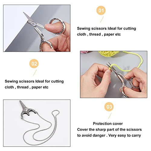 SUNNYCLUE Stainless Steel Sharp Tip Sewing Scissors with Sheath Chain Cutter Safety Precision Detail Embroidery Scissors with Cover Handcraft Art Work DIY Tool for Fabric Paper Cutting Craft - color: Antique Silver-1pc-sewing Scissors With Cover