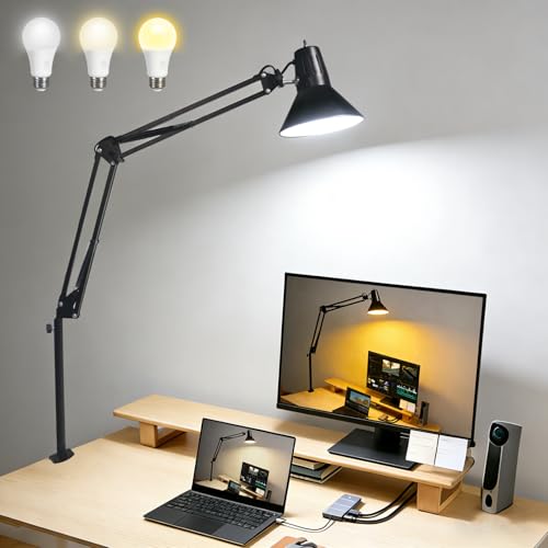 Black Dimmable Desk Lamp with Clamp, Extra-Tall Adjustable Swing Arm - color: Black, size: 3Adjustable Color Temperature-Extra Long Swing Arm
