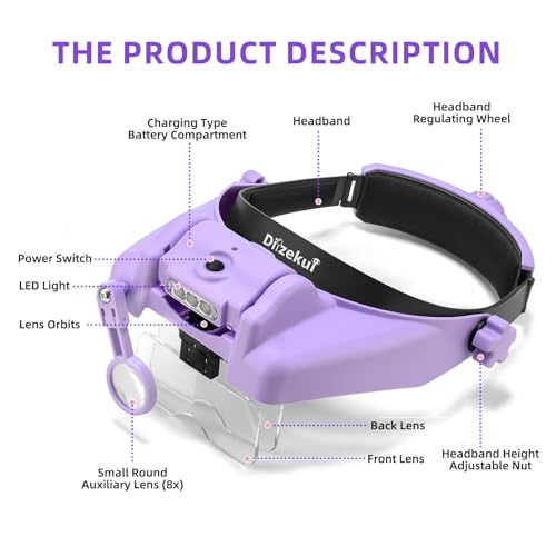 Dilzekui Magnifying Glass with Light 1X-14X, Rechargeable Headset Magnifier - color: Purple