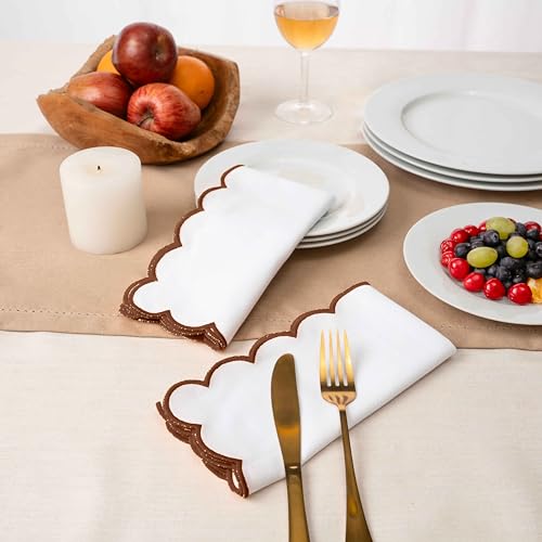 Blue Needles Cotton Scalloped Embroidery Cloth Napkins 17X17Inch - Set of 4 - color: Half White(edges - Nut Brown)