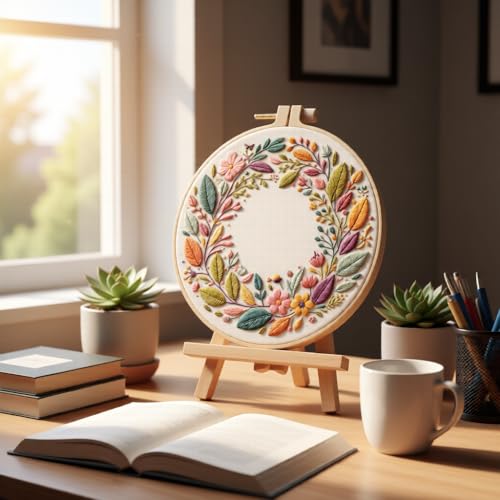 JJFox Embroidery Kit for Beginners and Adults, DIY Hand Embroidery Starter Kit with Cute Pattern, Cross Stitch Needlepoint Set with Hoop, Threads and Instructions (Wreath) - color: Wreath