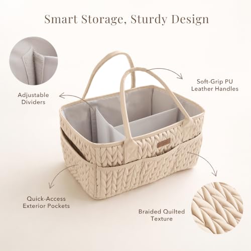 Konssy Baby Diaper Caddy Organizer, Braided Quilted Design with PU Handles - color: Beige