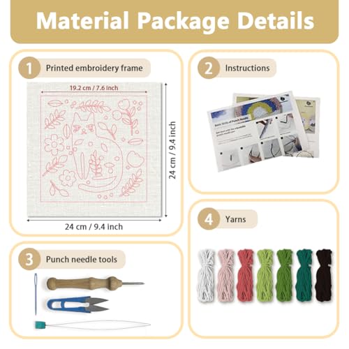 Doodlream Cat Leaf DIY Punch Needle Embroidery Kit for Adult Beginner, 9.4" White Cat Punch Stitching Craft Set for Starter with Frame, Fabric Pattern, Threader, Yarn, Pinch Needle - color: Cat Leaf
