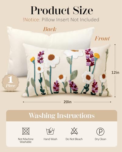 Embroidered Throw Pillow Cover, 20x12 Inch, Wildflower - color: Wild Floral, size: 20" x 12" (Pack of 1)