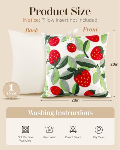 Embroidered Throw Pillow Cover, 20x20 Inch, Strawberry Leaves - color: Leaf Strawberry, size: 20" x 20" (Pack of 1)