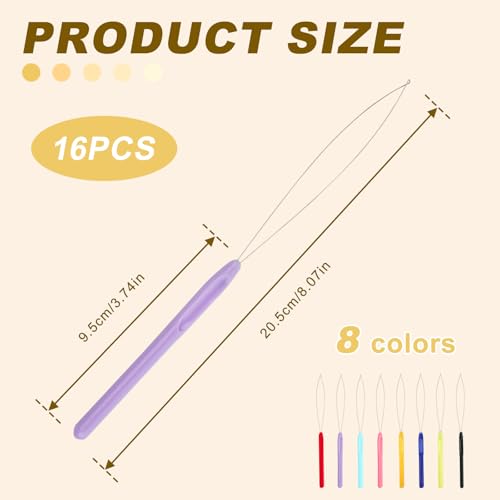 16pcs Hair Extension Loop Needle Threader - 8 Color Plastic Threader Tool for Embroidery, Craft, Quilting, Knitting, Feather Extensions, DIY Craft, Micro Rings, Tufting Gun, Braiding Tools