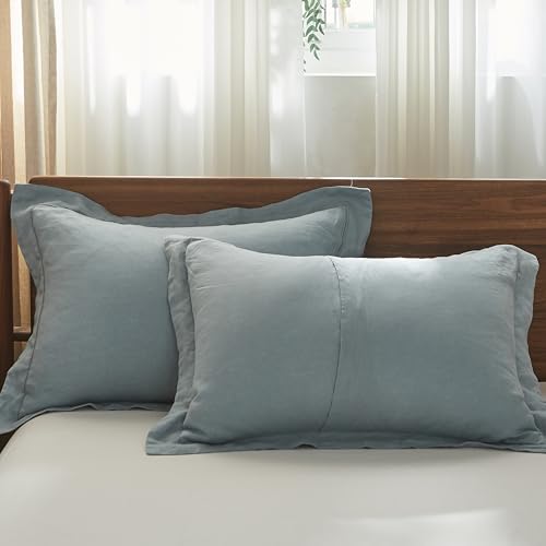 Simple&Opulence 100% French Linen Pillowcases with Embroidery – Pack of 2, Washed Solid Color Natural Flax, Soft & Breathable - Dusty Blue, 20'' x 26'' - color: Dusty Blue, size: Queen