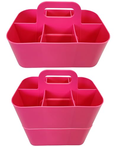 3 Pack Small 6 Compartment Multiuse Caddy Organizer with Handle Art Craft Supplies, Office, Desk, Stationery Pen Holder Stackable- Made In USA (Hot Pink) - color: Hot Pink