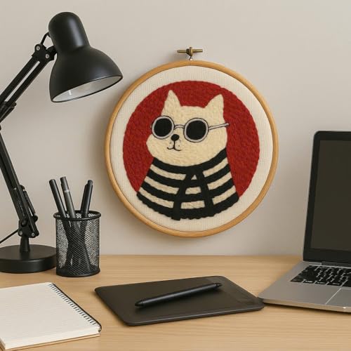 CELCRAFTIQUE Punch Needle Kits for Adults Beginner, Tool with Punch Needle Fabric, Hoops, Yarns and Sewing Needles (Style 4) - color: Retro Cat