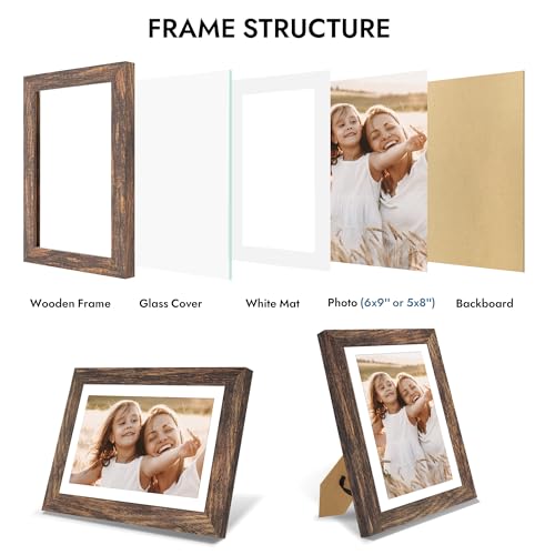 Hongkee 6x9 Picture Frame with Real Glass Wood Frame, 1 Pack (with Mat 5x8) - color: Rustic Brown, size: 6X9 in
