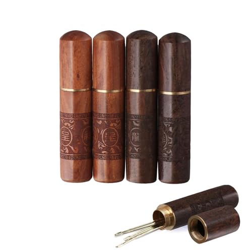 Uniquer 4 Pieces Wooden Sewing Needles Holder Set Retro Engraving Printed Needle Storage Case Box for DIY Sewing Craft Accessories