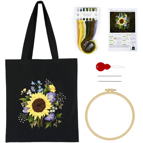 Canvas Tote Bag Embroidery Kit with Sunflower Pattern, Embroidery Kits for Beginners Adults, Arts and DIY Crafts Embroidery Starter kit, Include Stamped Embroidery Bag, Color Threads, Embroidery Tools - color: Black with Sunflower