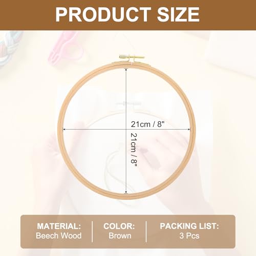 PATIKIL 3 Pieces 8 Inch Beech Wood Embroidery Hoops, Circle Cross Stitch Hoop Frames Embroidery Hoop Ring with Adjustment Brass Screw for Sewing, Needlework, DIY Craft Decoration - size: 8 Inch