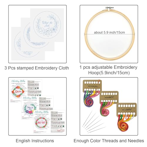 Louise Maelys 3 Pack Floral Quote Embroidery Kit for Beginners Craft - color: funny flowers